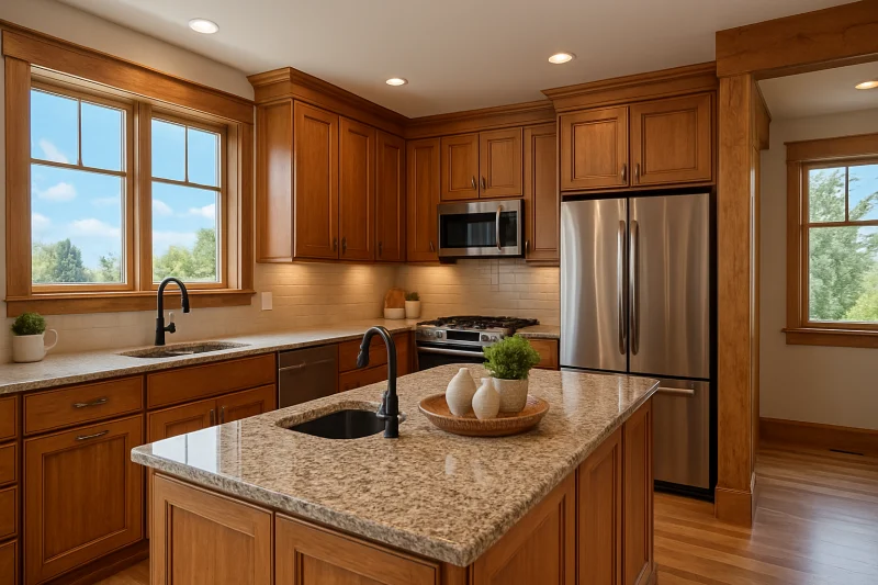 A beautiful kitchen with warm wood cabinetry interior with natural wood accents