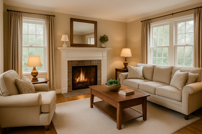 A beautiful cozy living room with a fireplace interior with cozy traditional decor
