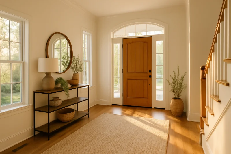 A beautiful welcoming entryway and foyer interior with clean modern styling