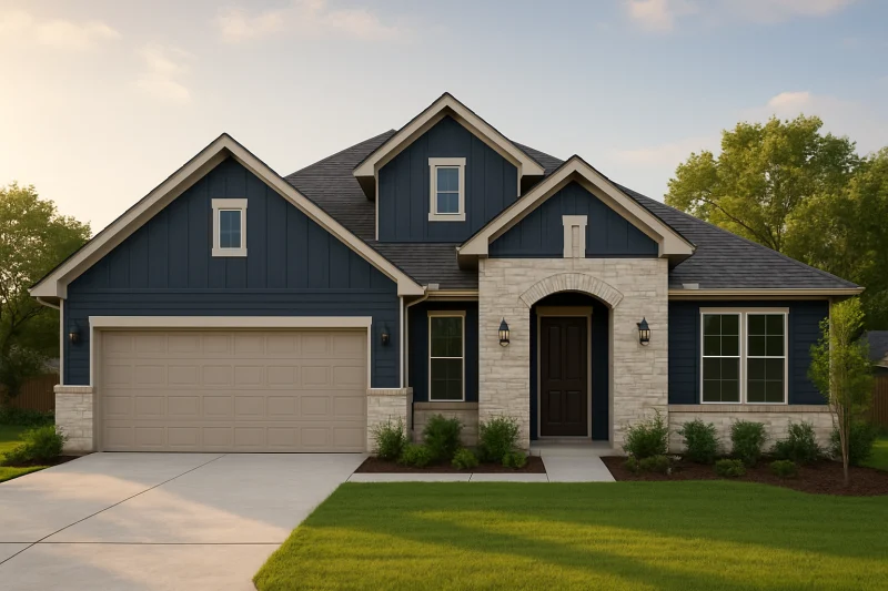 A beautiful, well-maintained newly-built home with a navy blue stone-accented exterior, Texas style home, spacious lot, warm sunny sky