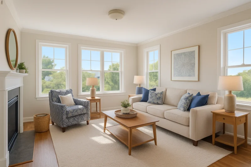 A beautiful comfortable family room interior with bright airy styling