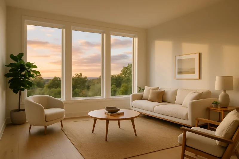 A beautiful airy living space with large windows interior with light and minimal styling